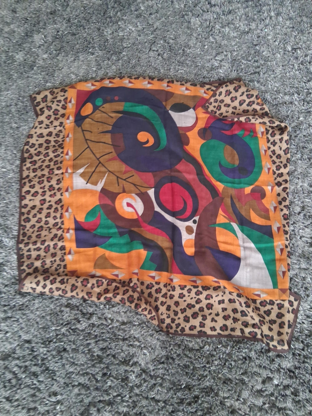 Vibrant Multicolor Abstract Silk Scarf with Leopard Border